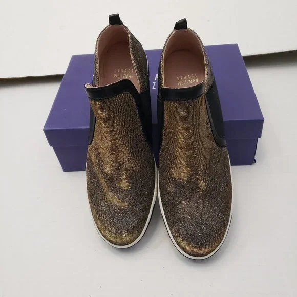 New Stuart Weitzman Shoes Sneakers Metallic Gold Silver Black Flat Slip 9.5 - Picture 16 of 16